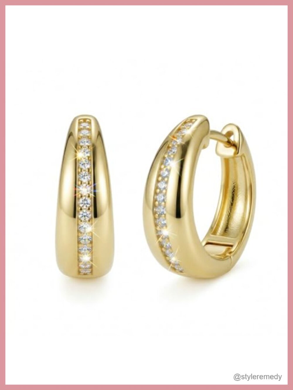 14k Gold Plated Chunky Dome Huggie Hoop Earrings Cubic Zirconia Sleeper